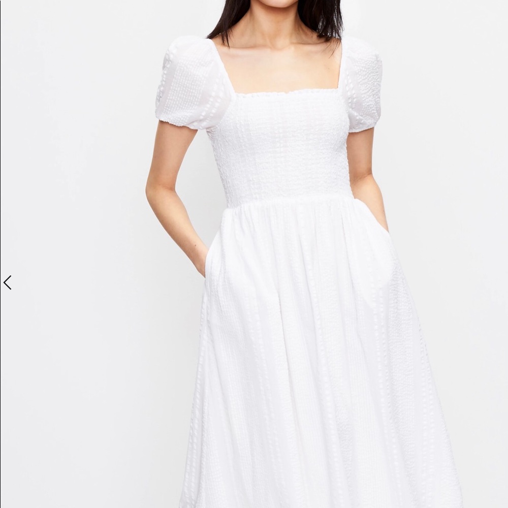 LOFT Striped Smocked Puff Sleeve Midi Dress